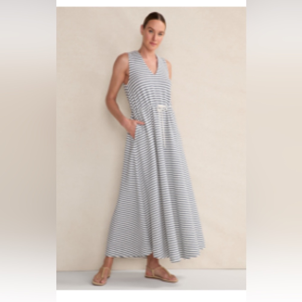 Sleeveless Striped Maxi Midi Dress - White & Navy